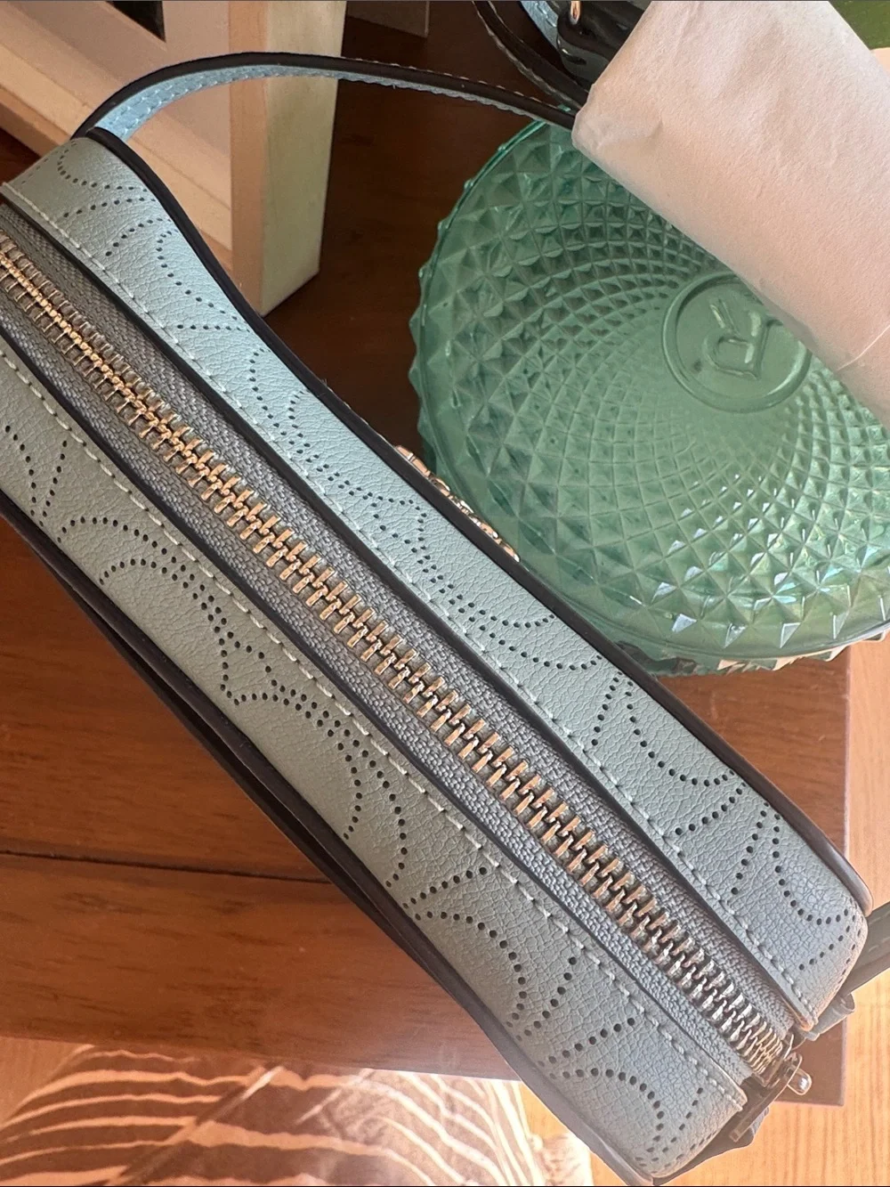 Coach Women's Robins Egg Blue Perforated Camera Crossbody Bag